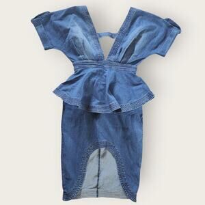 L'ATISTE By Amy Dress Women's Sz S Denim Tulip V-Neck Peplum Front Curve Pencil